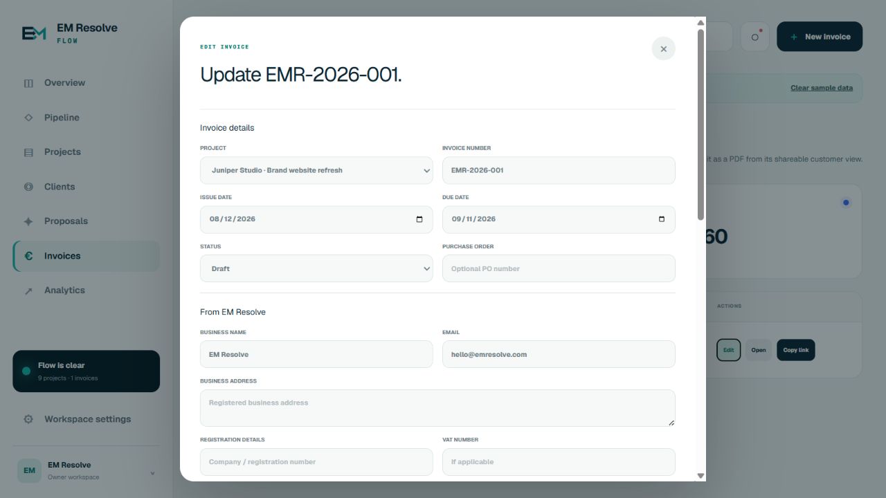 EM Resolve Flow invoice builder with project, invoice, seller and customer fields